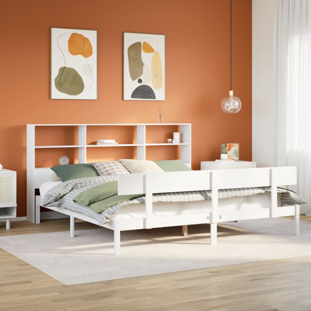 Seng med bokhylle uten madrass hvit 180x200 cm heltre furu