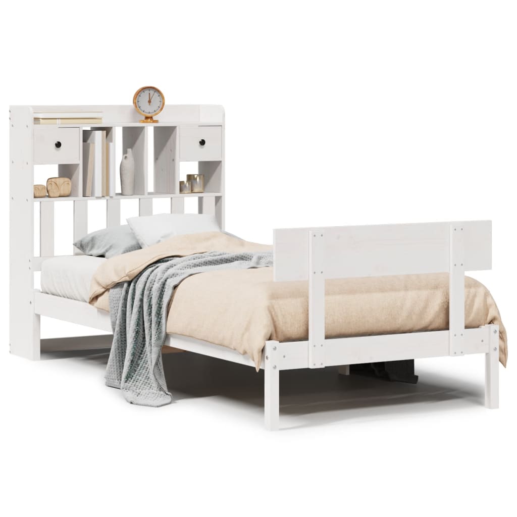 Seng med bokhylle uten madrass hvit 90x190 cm heltre furu