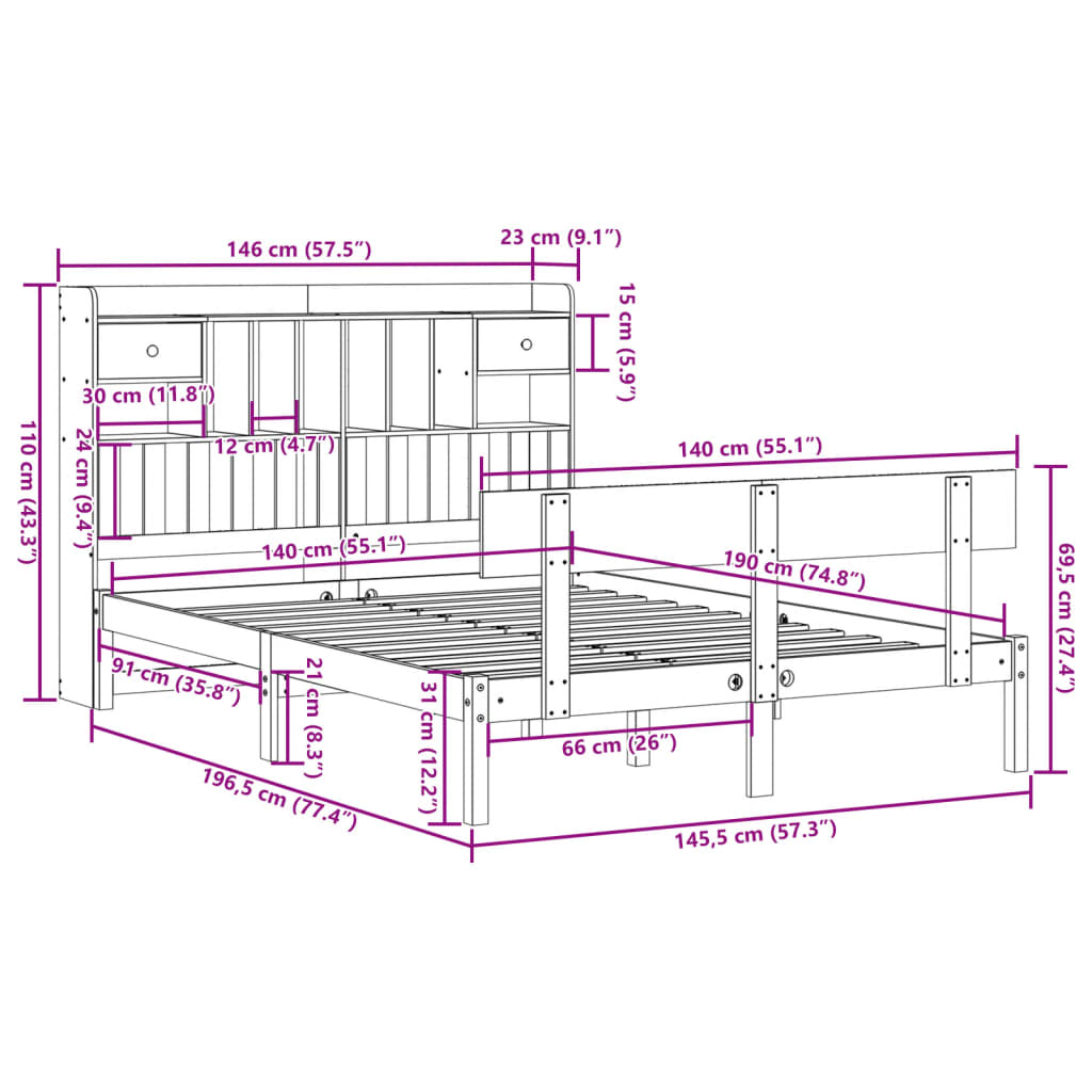 Seng med bokhylle uten madrass 140x190 cm heltre furu