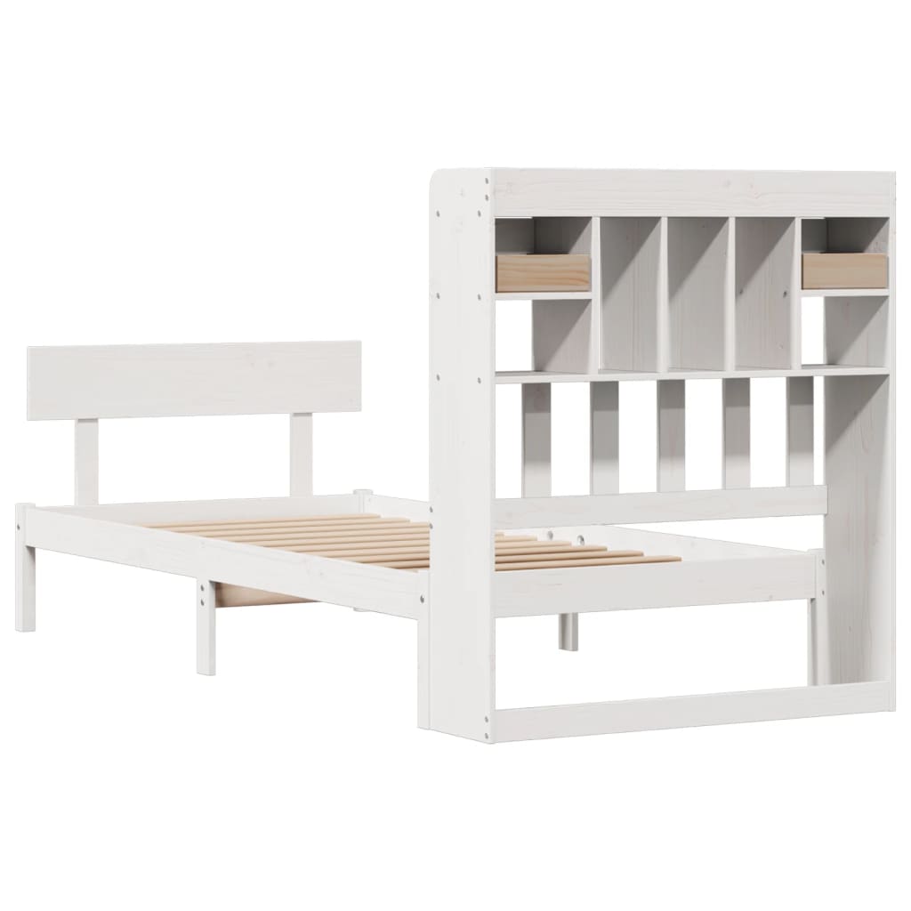 Seng med bokhylle uten madrass hvit 90x200 cm heltre furu
