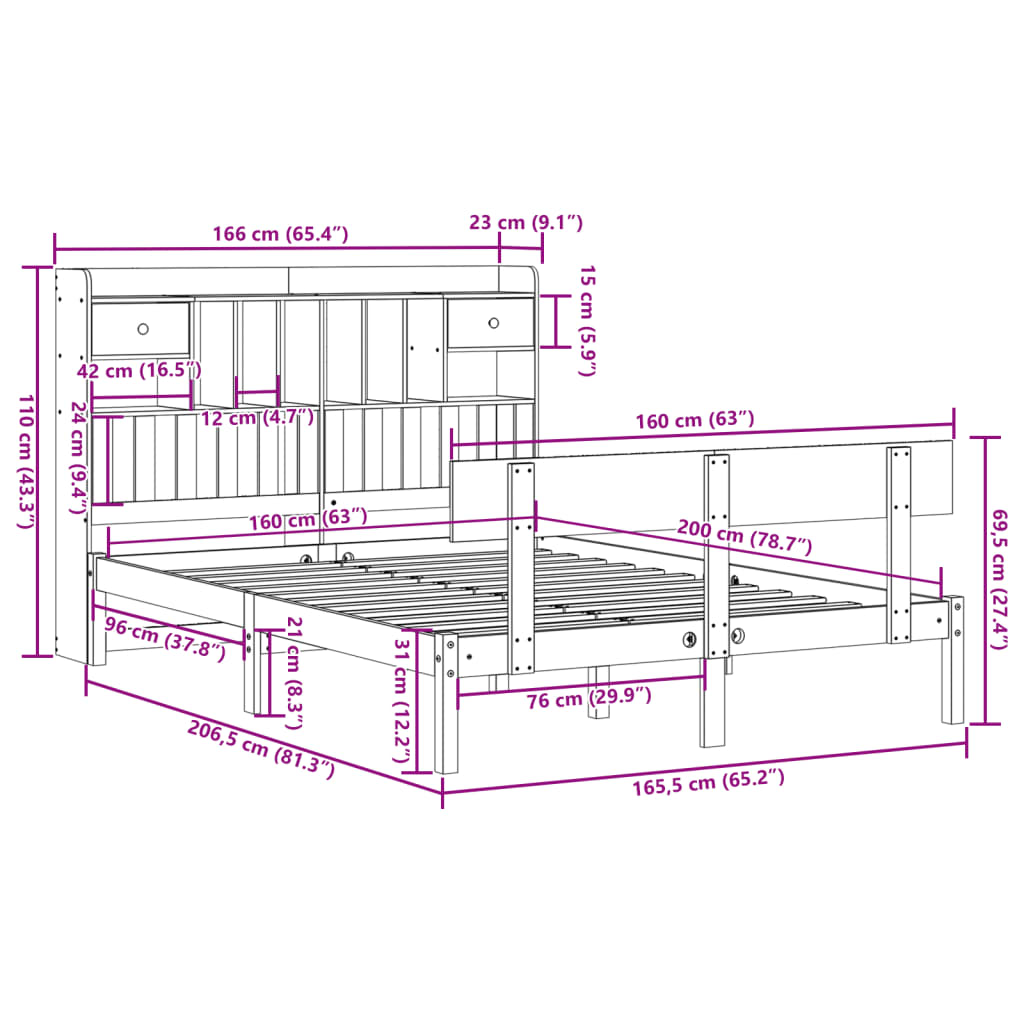 Seng med bokhylle uten madrass hvit 160x200 cm heltre furu