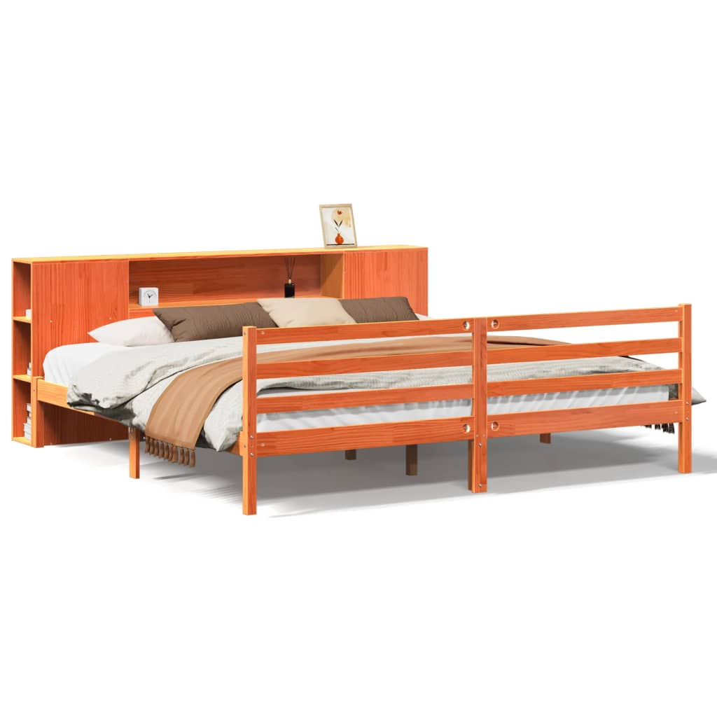 Seng med bokhylle uten madrass voksbrun 200x200 cm heltre furu