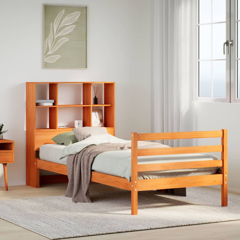 Seng med bokhylle uten madrass voksbrun 75x190 cm heltre