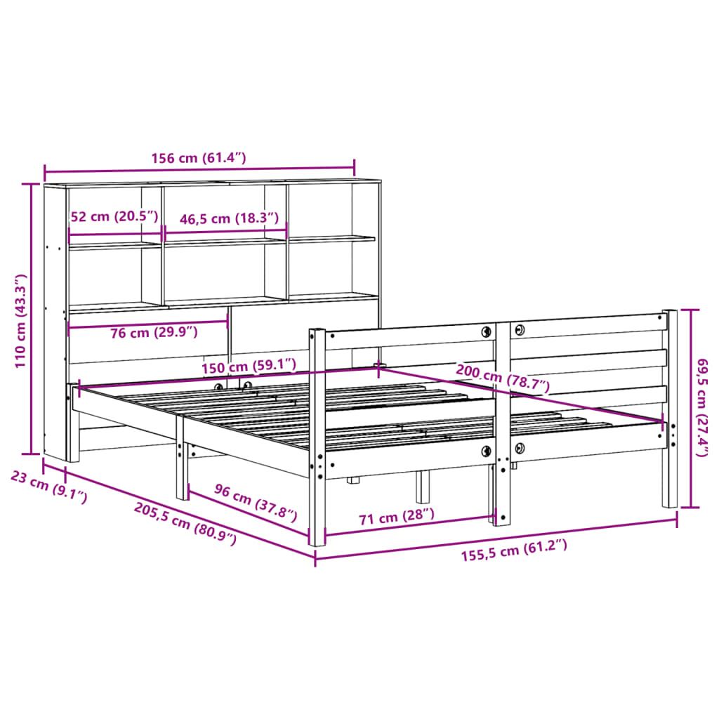 Seng med bokhylle uten madrass voksbrun 150x200 cm heltre