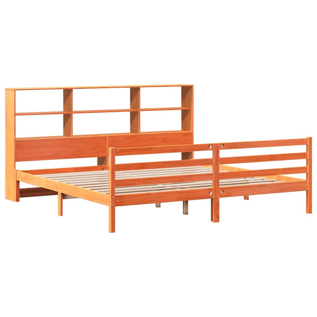 Seng med bokhylle uten madrass voksbrun 200x200 cm heltre