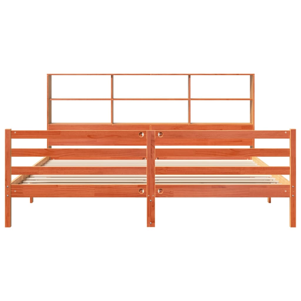 Seng med bokhylle uten madrass voksbrun 200x200 cm heltre