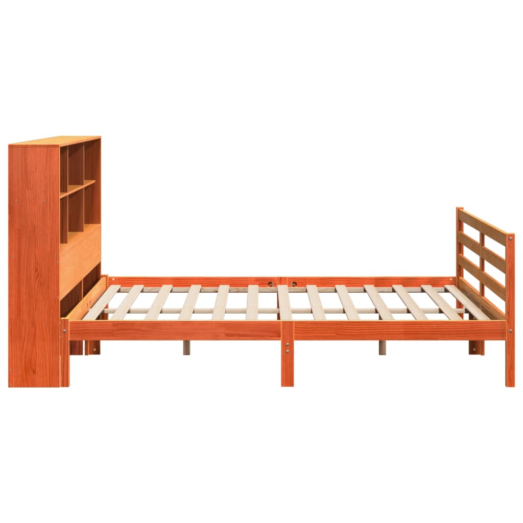Seng med bokhylle uten madrass voksbrun 200x200 cm heltre