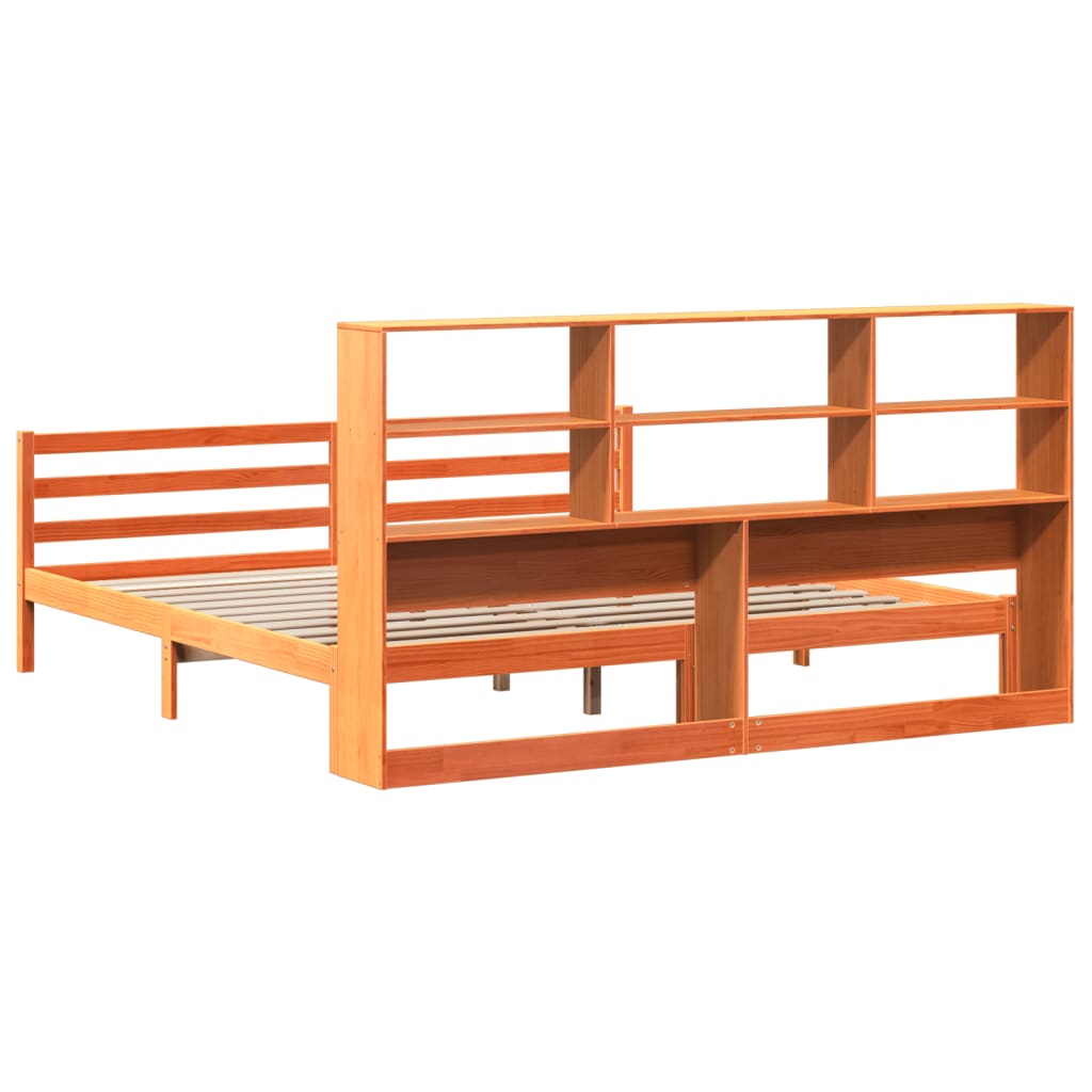 Seng med bokhylle uten madrass voksbrun 200x200 cm heltre