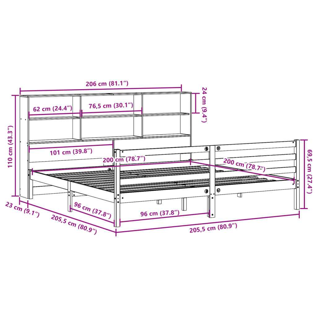 Seng med bokhylle uten madrass voksbrun 200x200 cm heltre