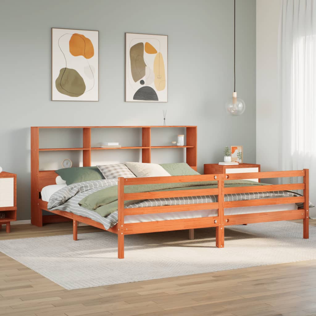 Seng med bokhylle uten madrass voksbrun 200x200 cm heltre
