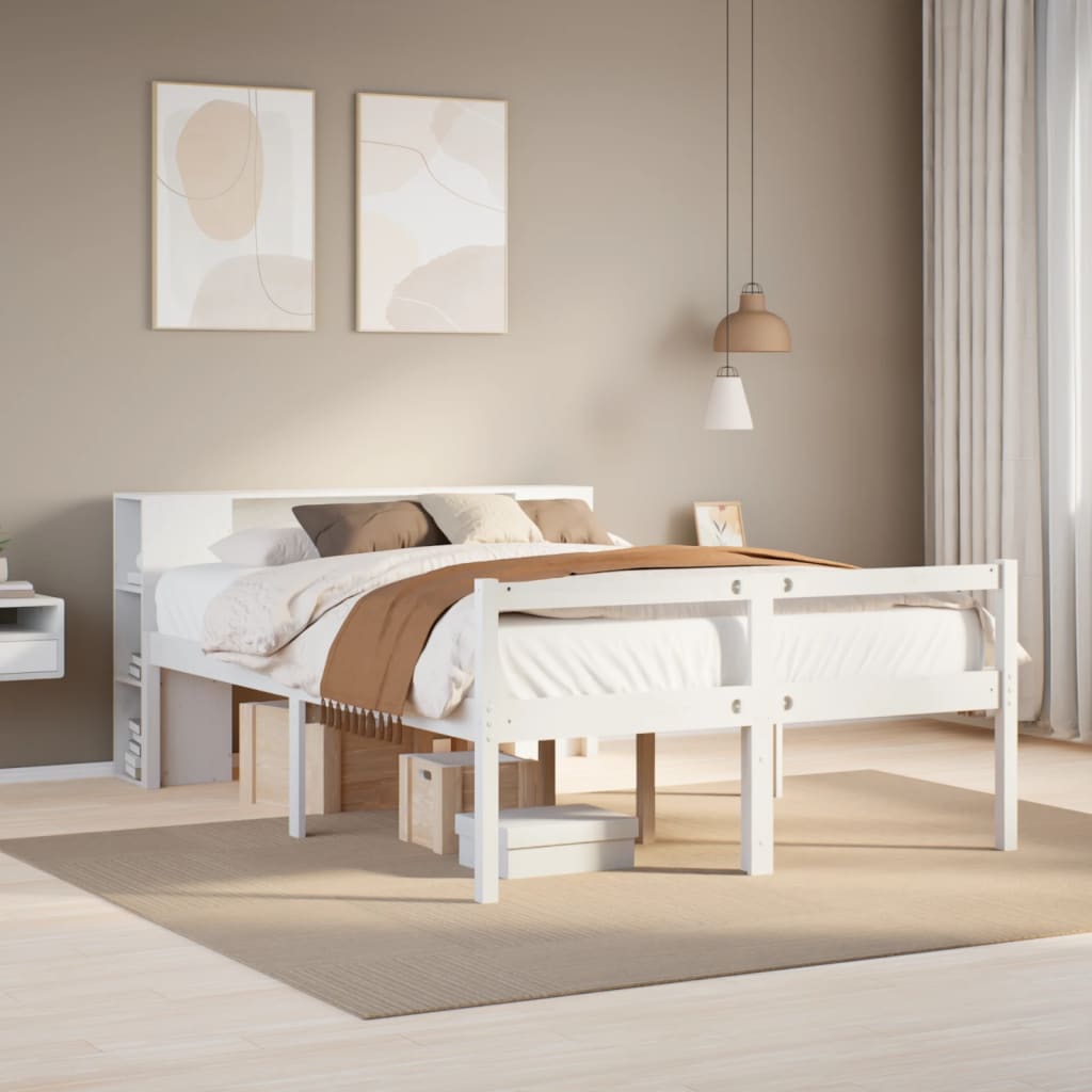 Seng med bokhylle uten madrass hvit 135x190 cm heltre furu