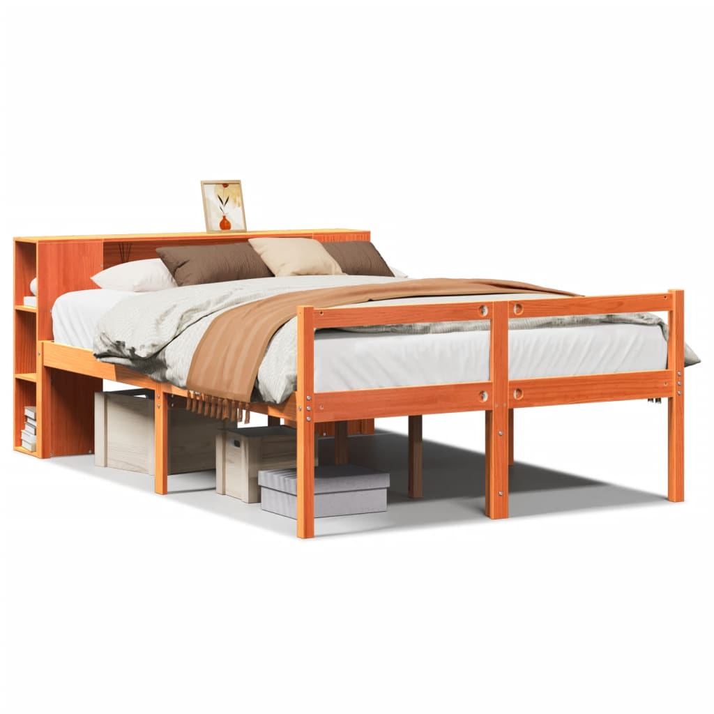Seng med bokhylle uten madrass voksbrun 150x200 cm heltre