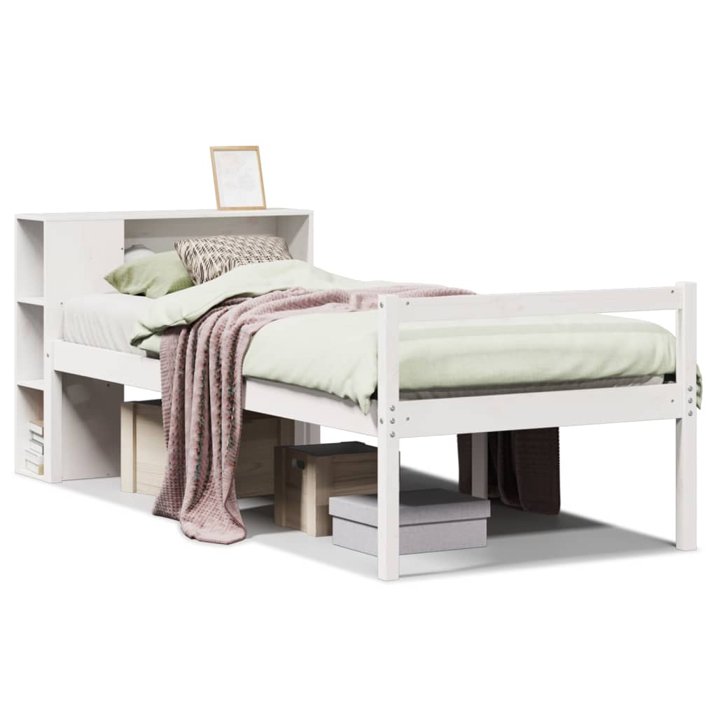 Seng med bokhylle uten madrass hvit 75x190 cm heltre furu