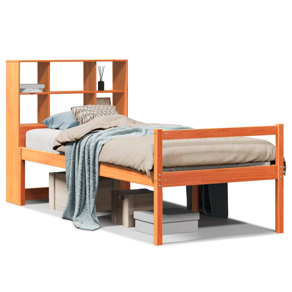 Seng med bokhylle uten madrass voksbrun 75x190 cm heltre