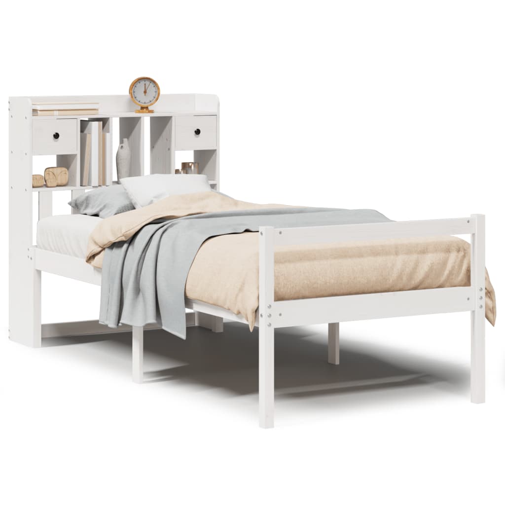 Seng med bokhylle uten madrass hvit 75x190 cm heltre furu