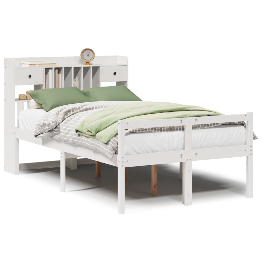 Seng med bokhylle uten madrass hvit 135x190 cm heltre furu
