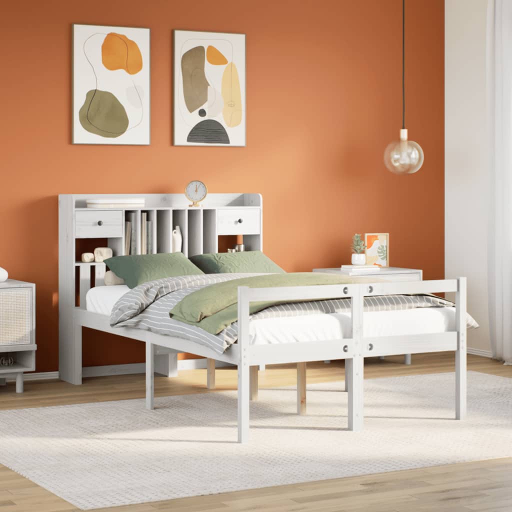 Seng med bokhylle uten madrass hvit 135x190 cm heltre furu