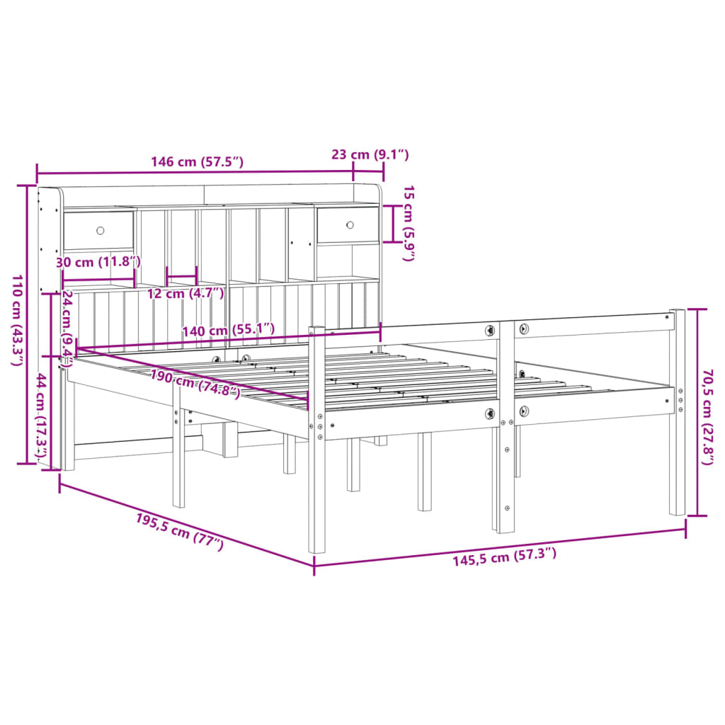 Seng med bokhylle uten madrass hvit 140x190 cm heltre furu