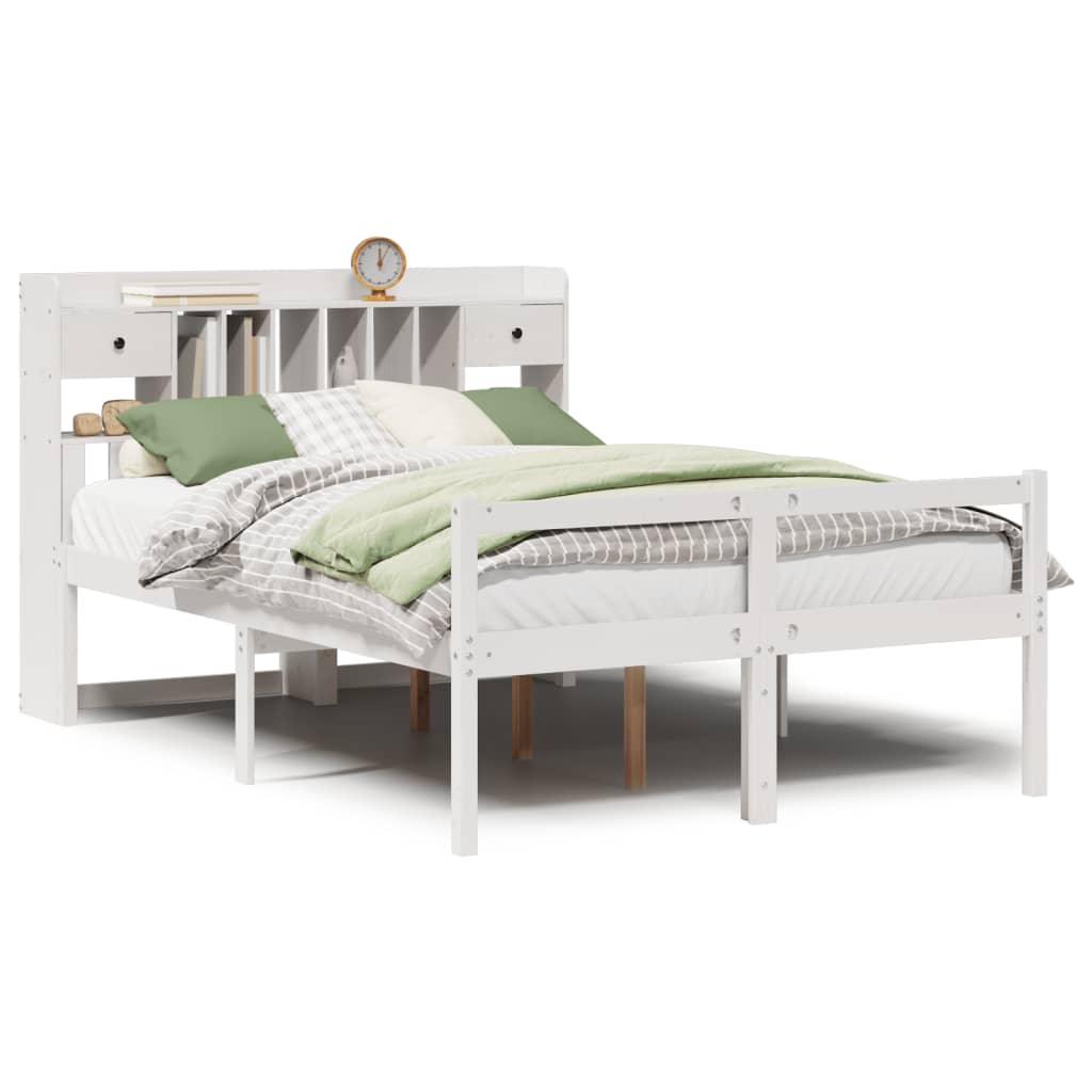 Seng med bokhylle uten madrass hvit 140x200 cm heltre furu