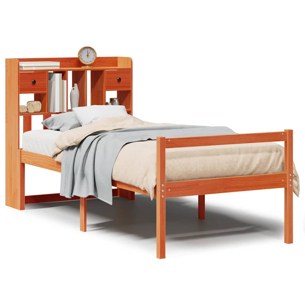 Seng med bokhylle uten madrass voksbrun 75x190 cm heltre furu