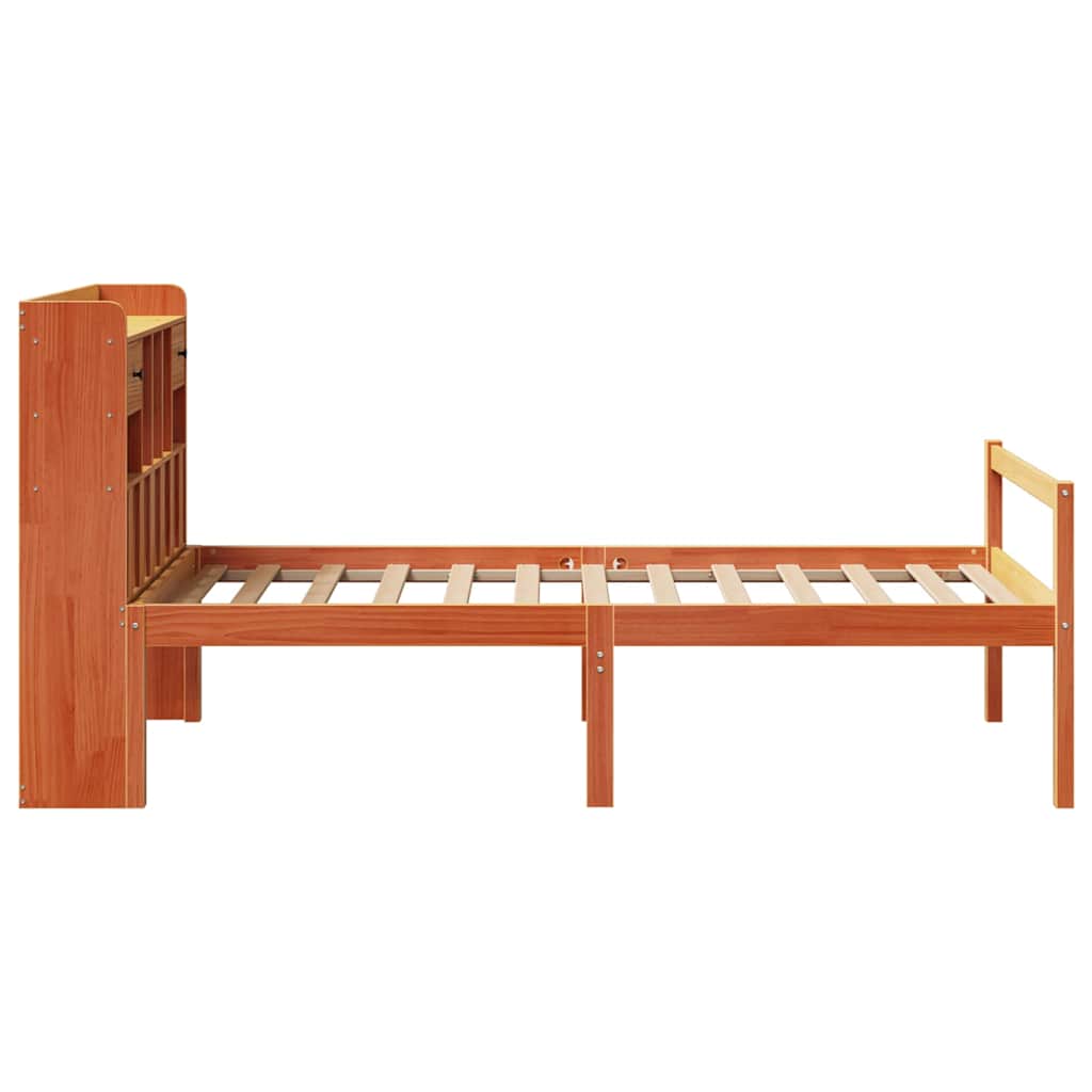 Seng med bokhylle uten madrass voksbrun 75x190 cm heltre furu