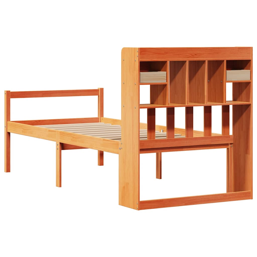 Seng med bokhylle uten madrass voksbrun 75x190 cm heltre furu