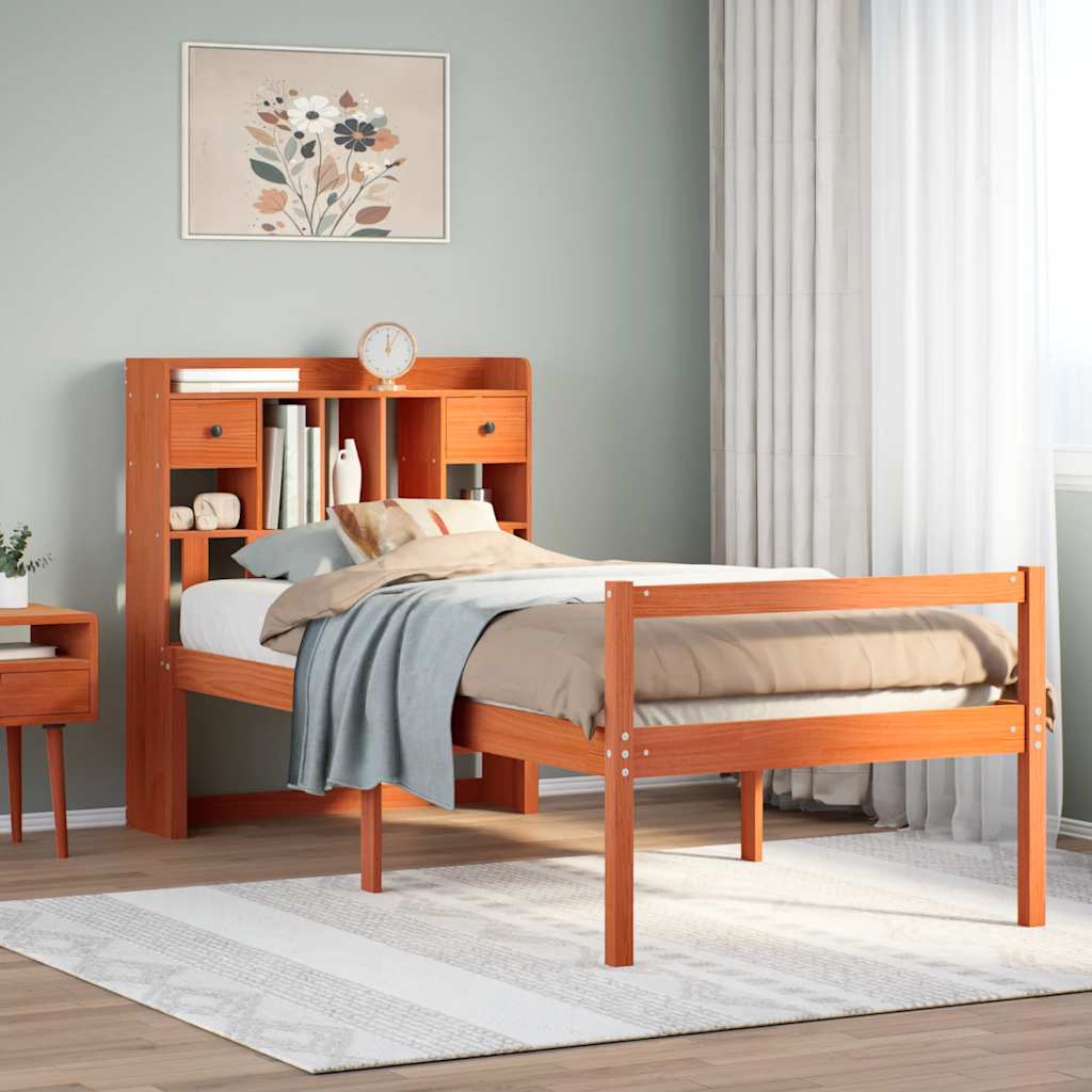 Seng med bokhylle uten madrass voksbrun 75x190 cm heltre furu