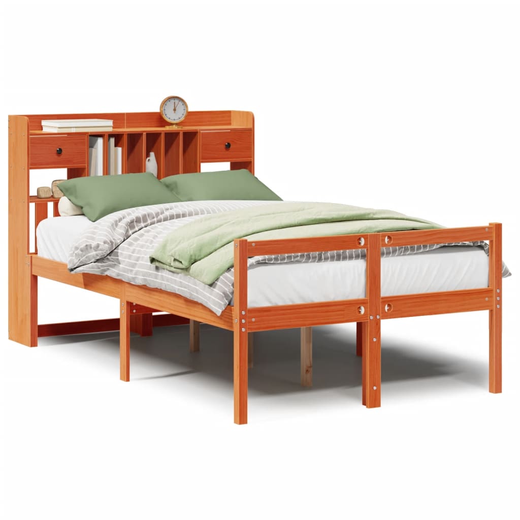 Seng med bokhylle uten madrass voksbrun 135x190 cm heltre furu
