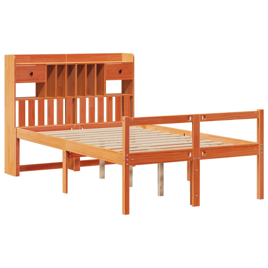 Seng med bokhylle uten madrass voksbrun 135x190 cm heltre furu