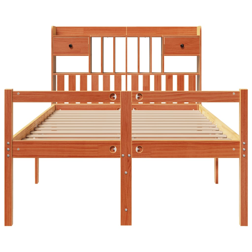 Seng med bokhylle uten madrass voksbrun 135x190 cm heltre furu