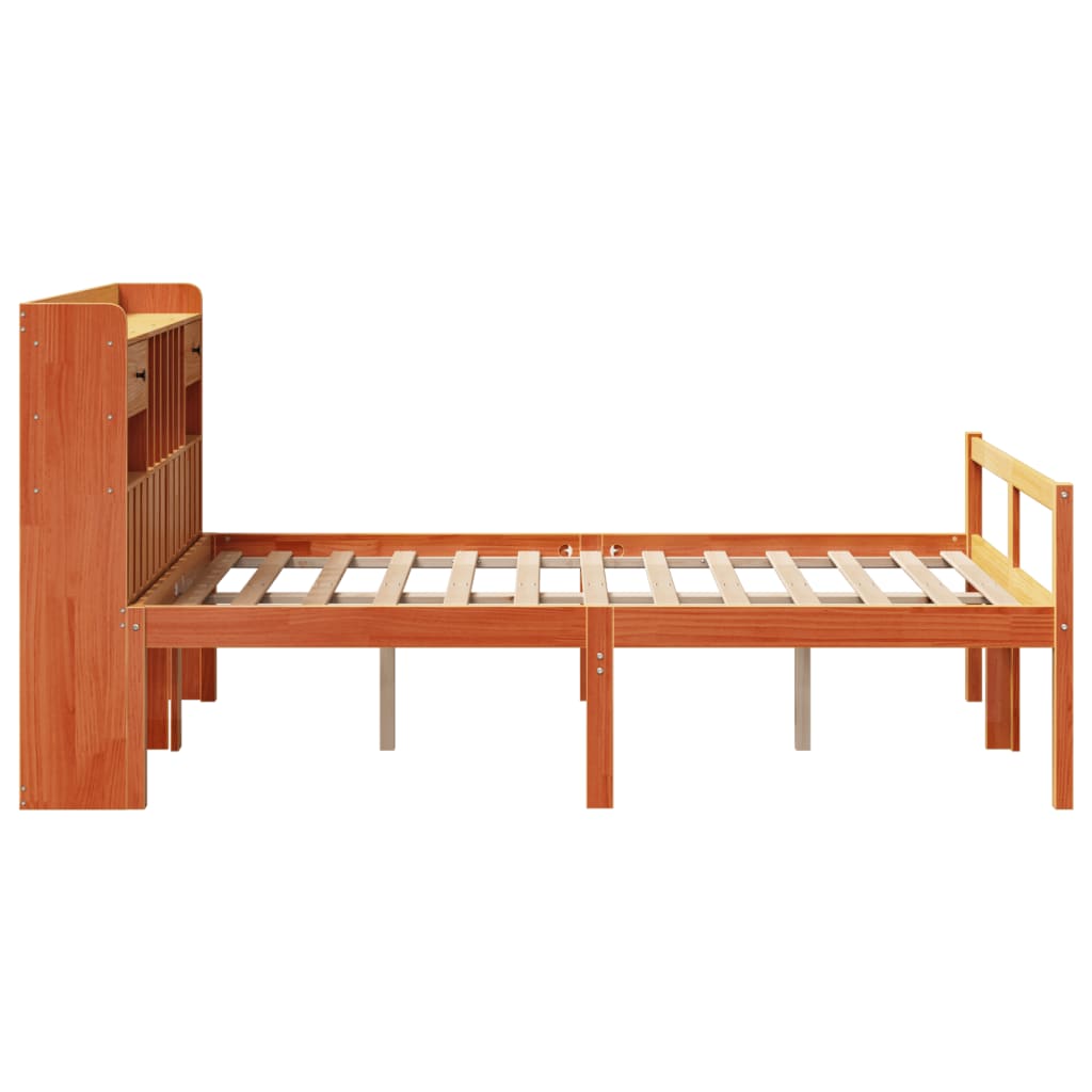 Seng med bokhylle uten madrass voksbrun 135x190 cm heltre furu