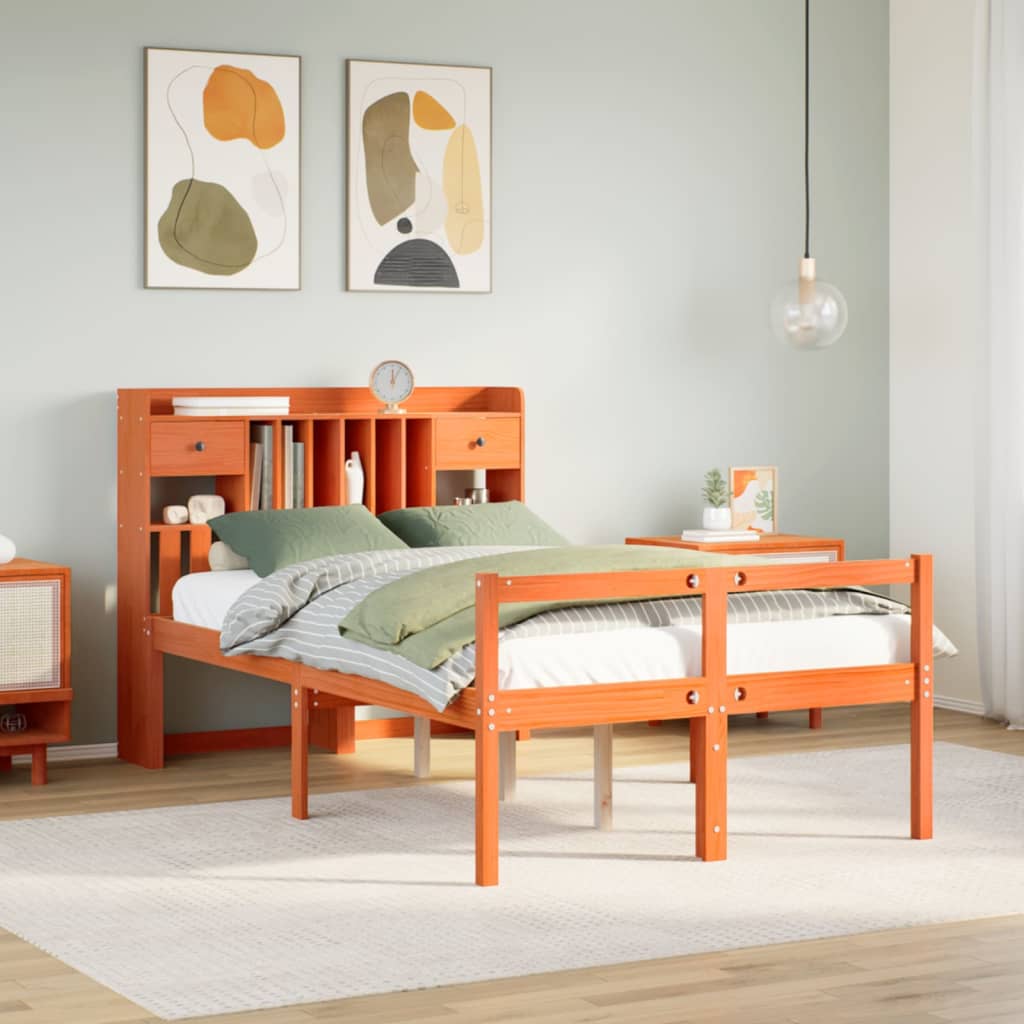 Seng med bokhylle uten madrass voksbrun 135x190 cm heltre furu