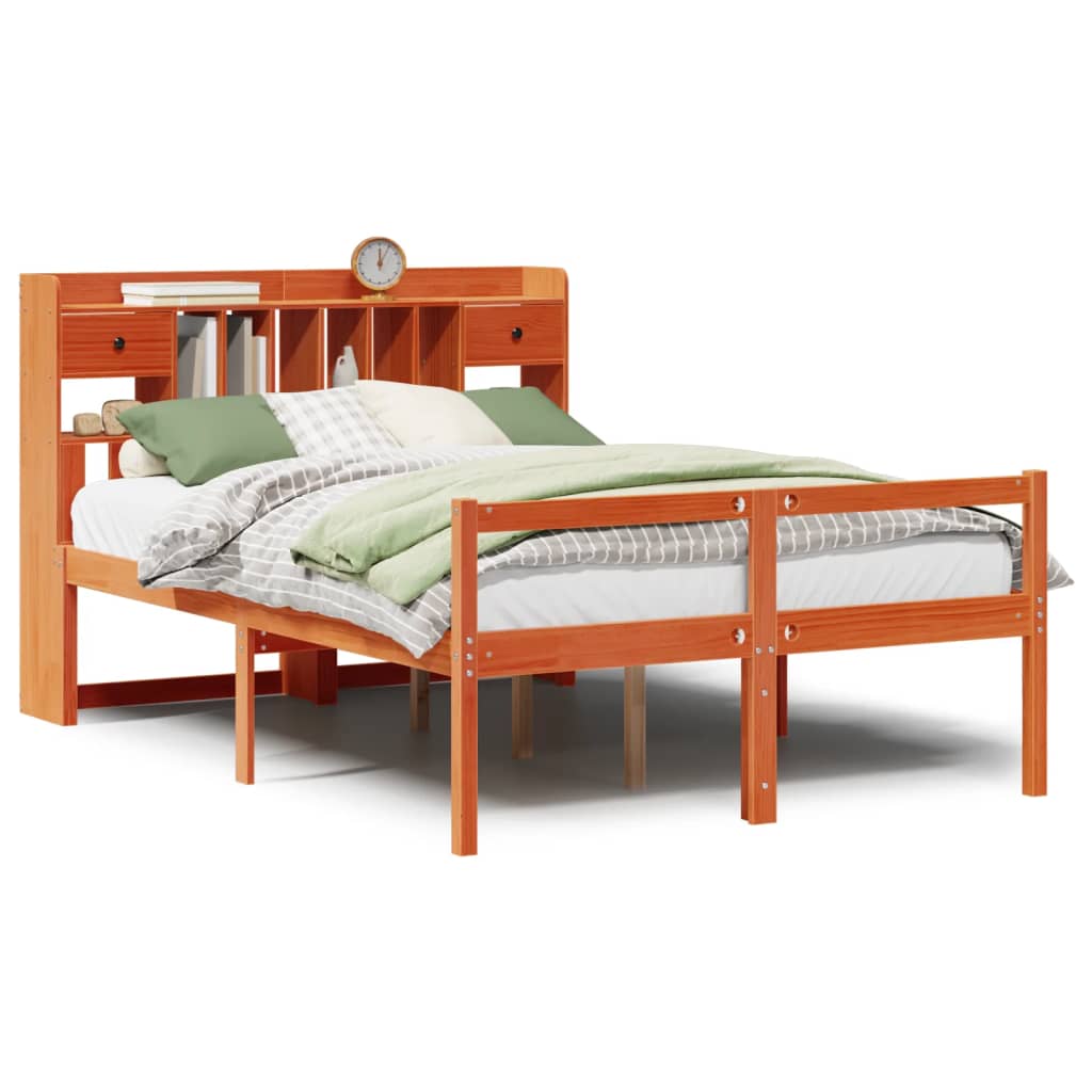 Seng med bokhylle uten madrass voksbrun 150x200 cm heltre furu