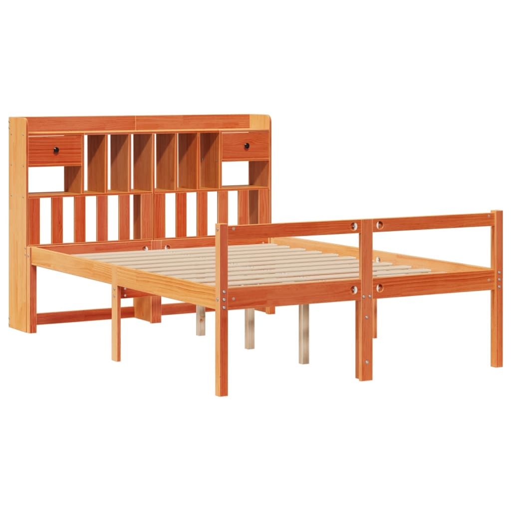 Seng med bokhylle uten madrass voksbrun 150x200 cm heltre furu