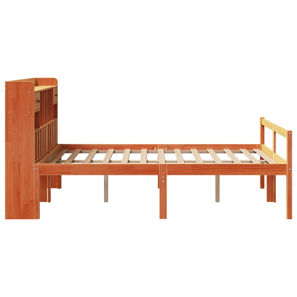 Seng med bokhylle uten madrass voksbrun 150x200 cm heltre furu
