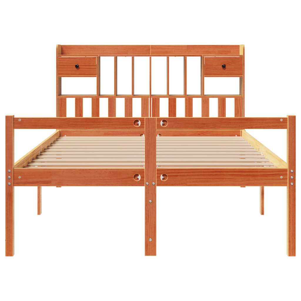 Seng med bokhylle uten madrass voksbrun 160x200 cm heltre furu