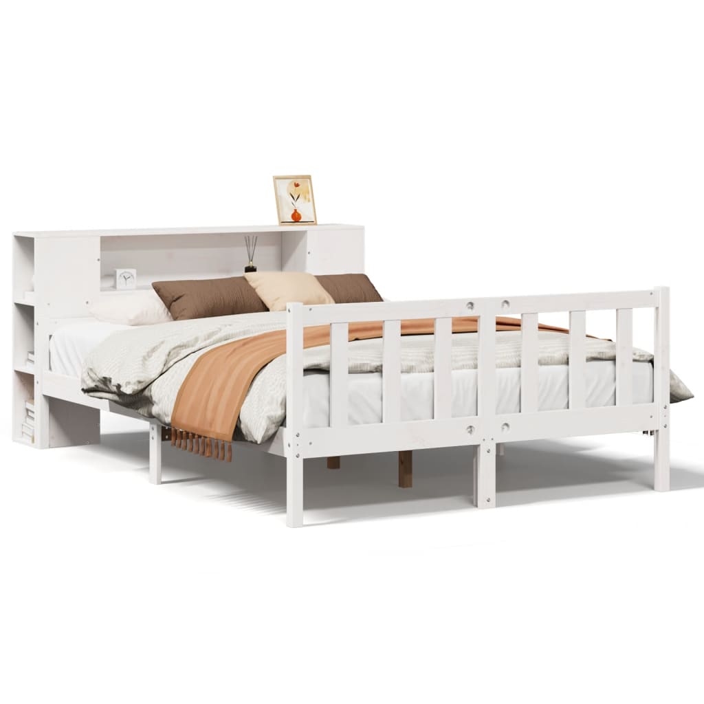 Seng med bokhylle uten madrass hvit 150x200 cm heltre furu