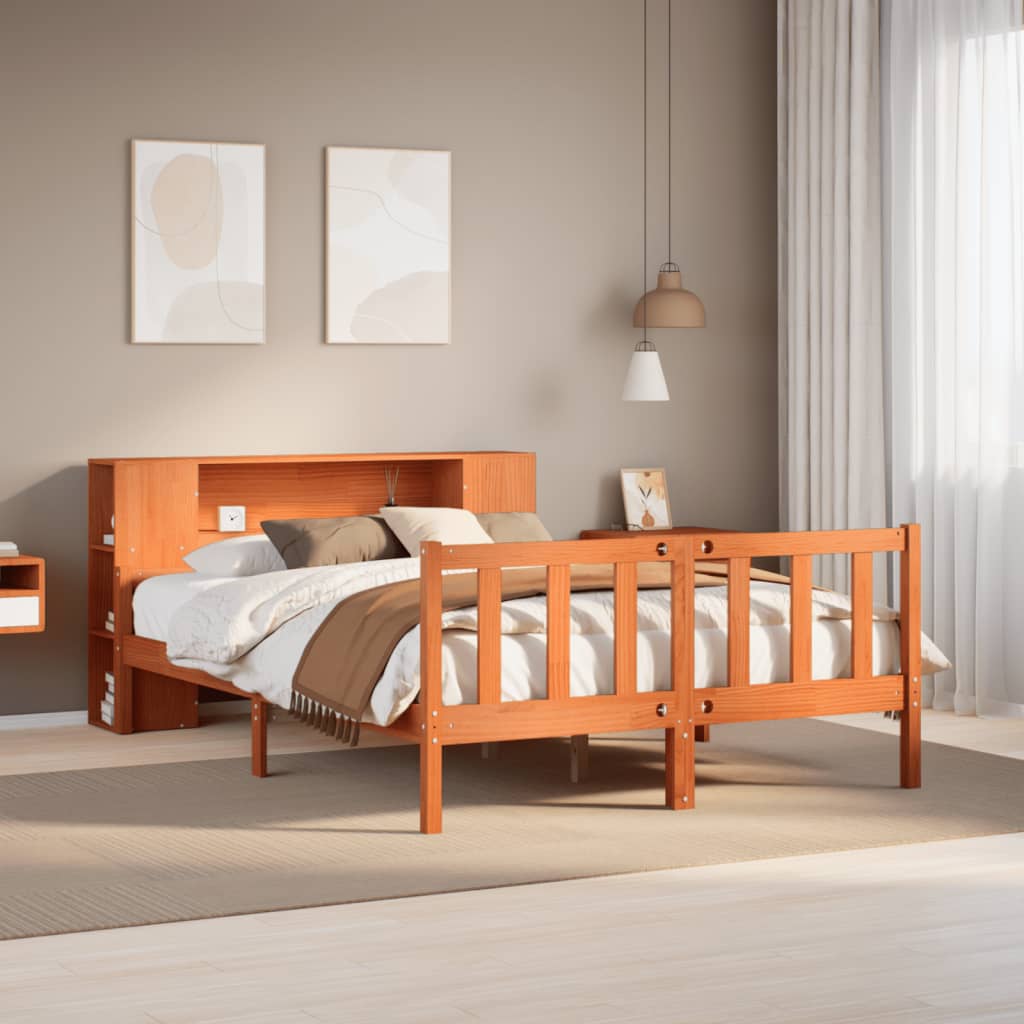 Seng med bokhylle uten madrass voksbrun 150x200 cm heltre