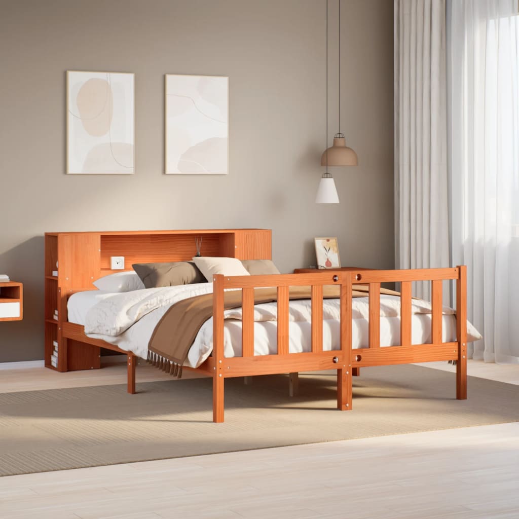 Seng med bokhylle uten madrass voksbrun 160x200 cm heltre