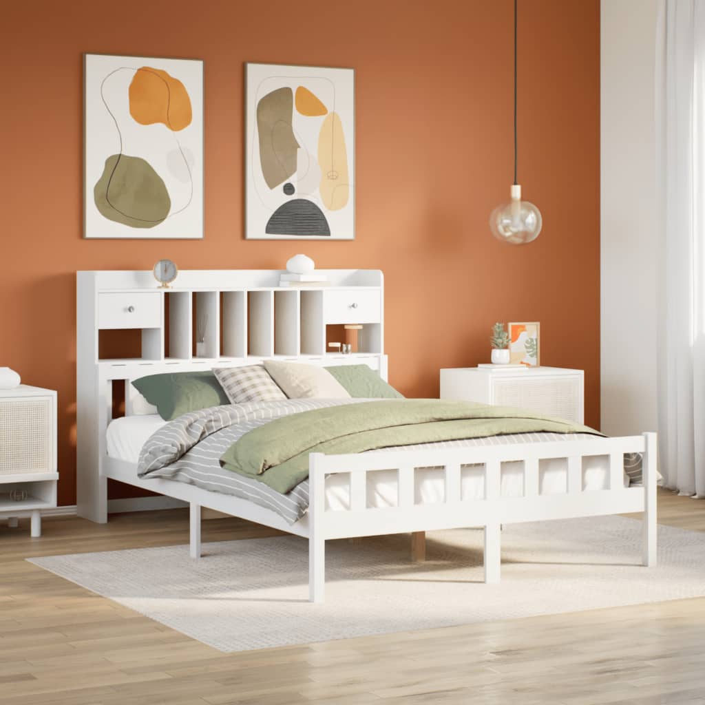 Seng med bokhylle uten madrass hvit 150x200 cm heltre furu