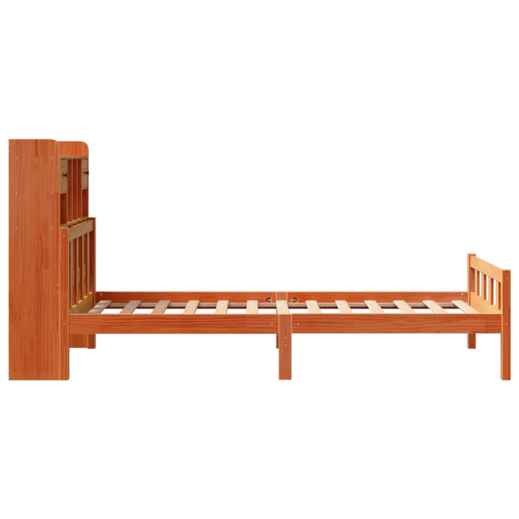 Seng med bokhylle uten madrass voksbrun 75x190 cm heltre furu