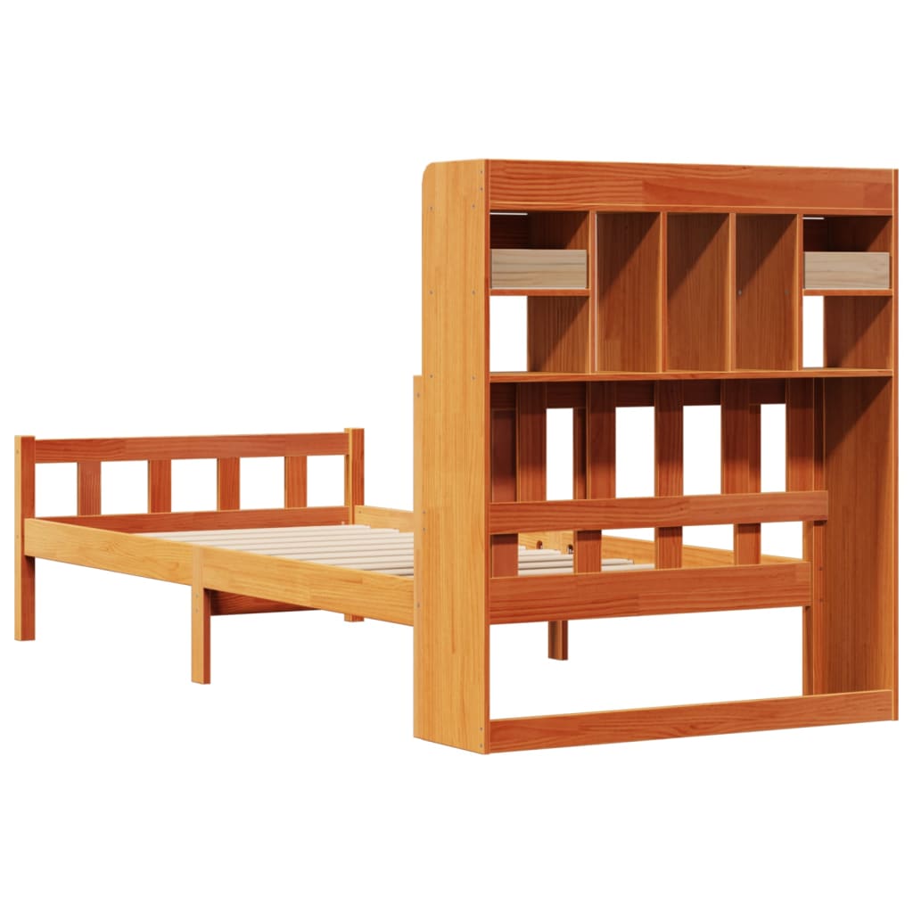 Seng med bokhylle uten madrass voksbrun 75x190 cm heltre furu