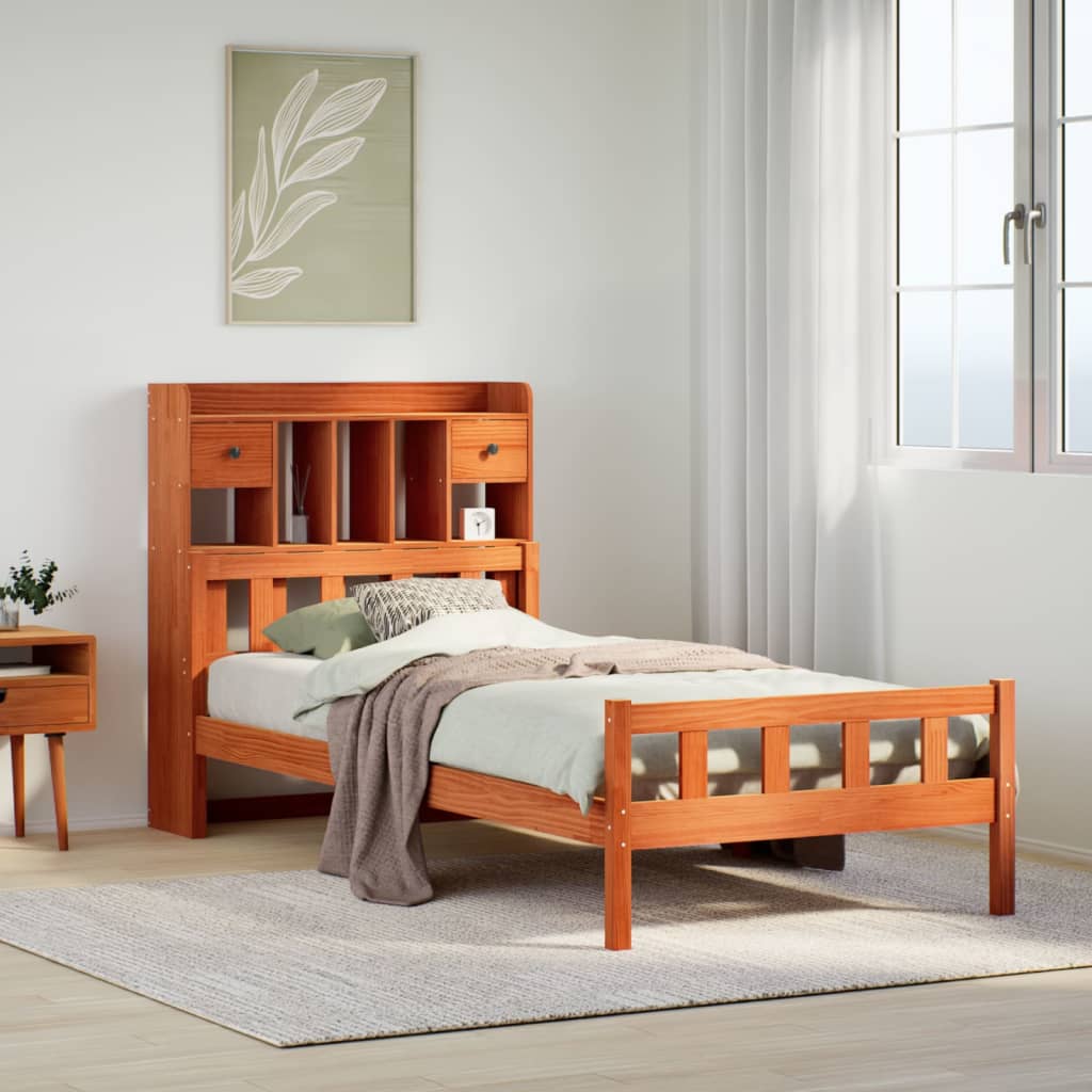 Seng med bokhylle uten madrass voksbrun 75x190 cm heltre furu