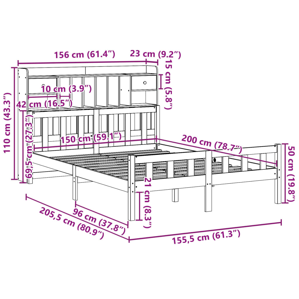 Seng med bokhylle uten madrass voksbrun 150x200 cm heltre furu