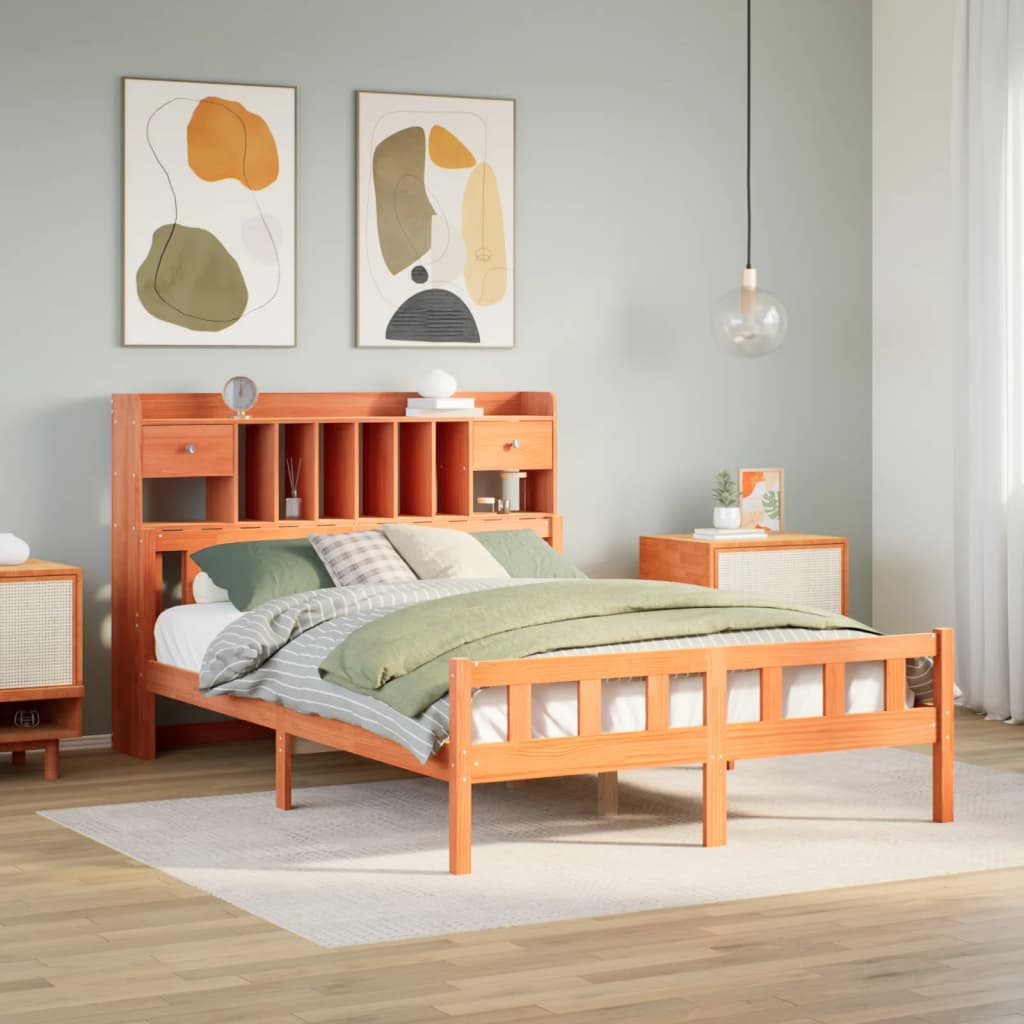 Seng med bokhylle uten madrass voksbrun 150x200 cm heltre furu