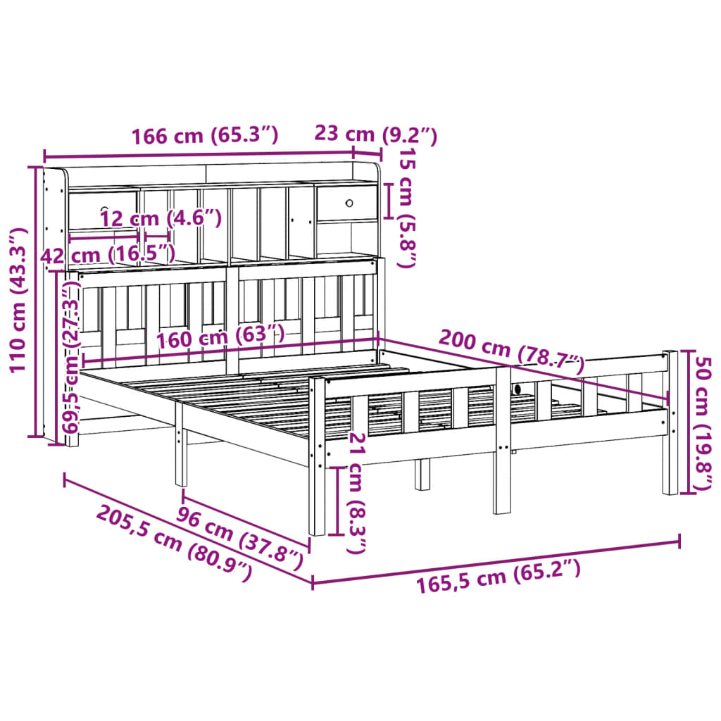 Seng med bokhylle uten madrass voksbrun 160x200 cm heltre furu