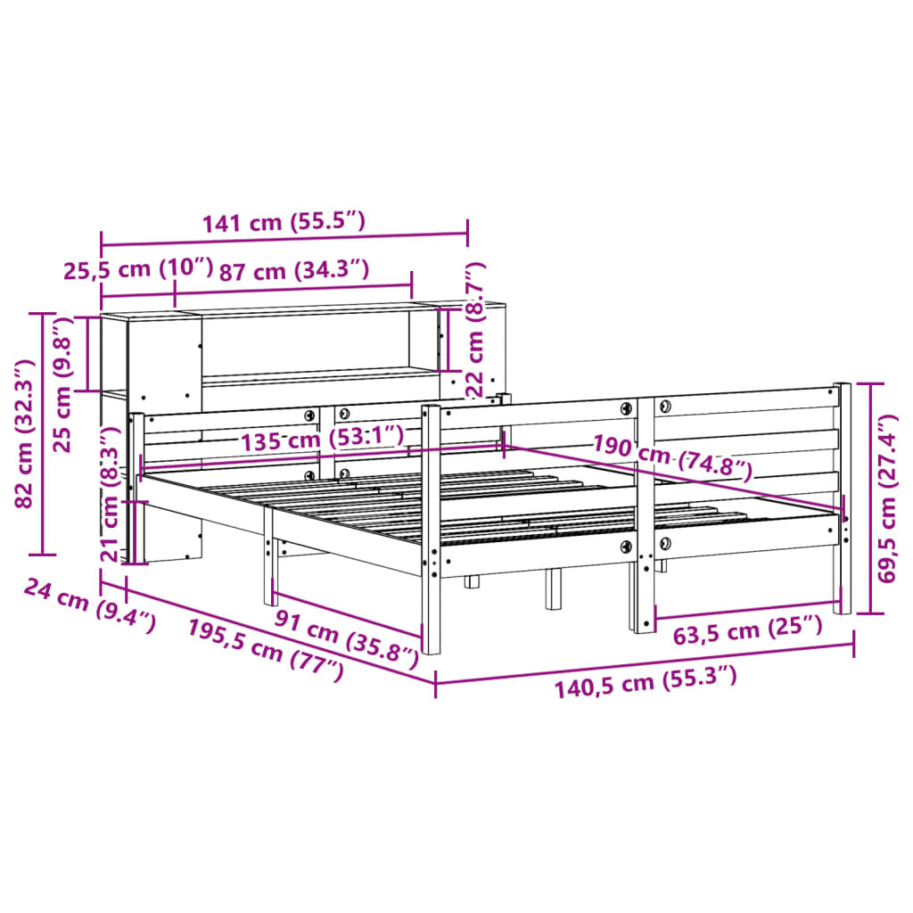 Seng med bokhylle uten madrass hvit 135x190 cm heltre furu