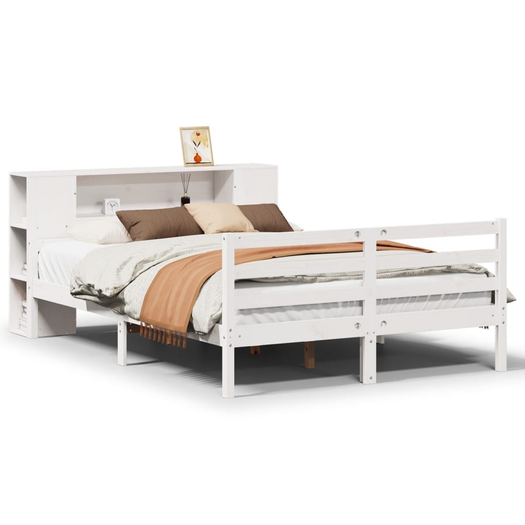 Seng med bokhylle uten madrass hvit 140x200 cm heltre furu