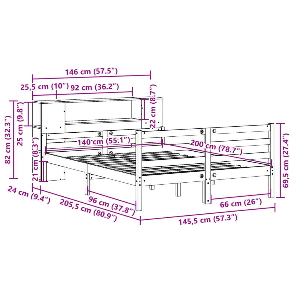 Seng med bokhylle uten madrass hvit 140x200 cm heltre furu