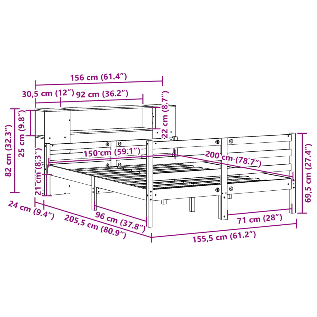 Seng med bokhylle uten madrass hvit 150x200 cm heltre furu